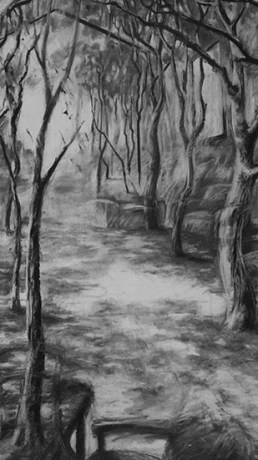 charcoal drawing with suggestion of furniture amongst trees