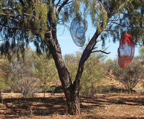 wire sculptures of large ears hanging in tree